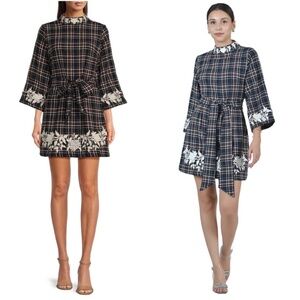 Fanm Mon Layla Tweed Floral Embroidered Mock Neck Wide 3/4 Sleeve Tie